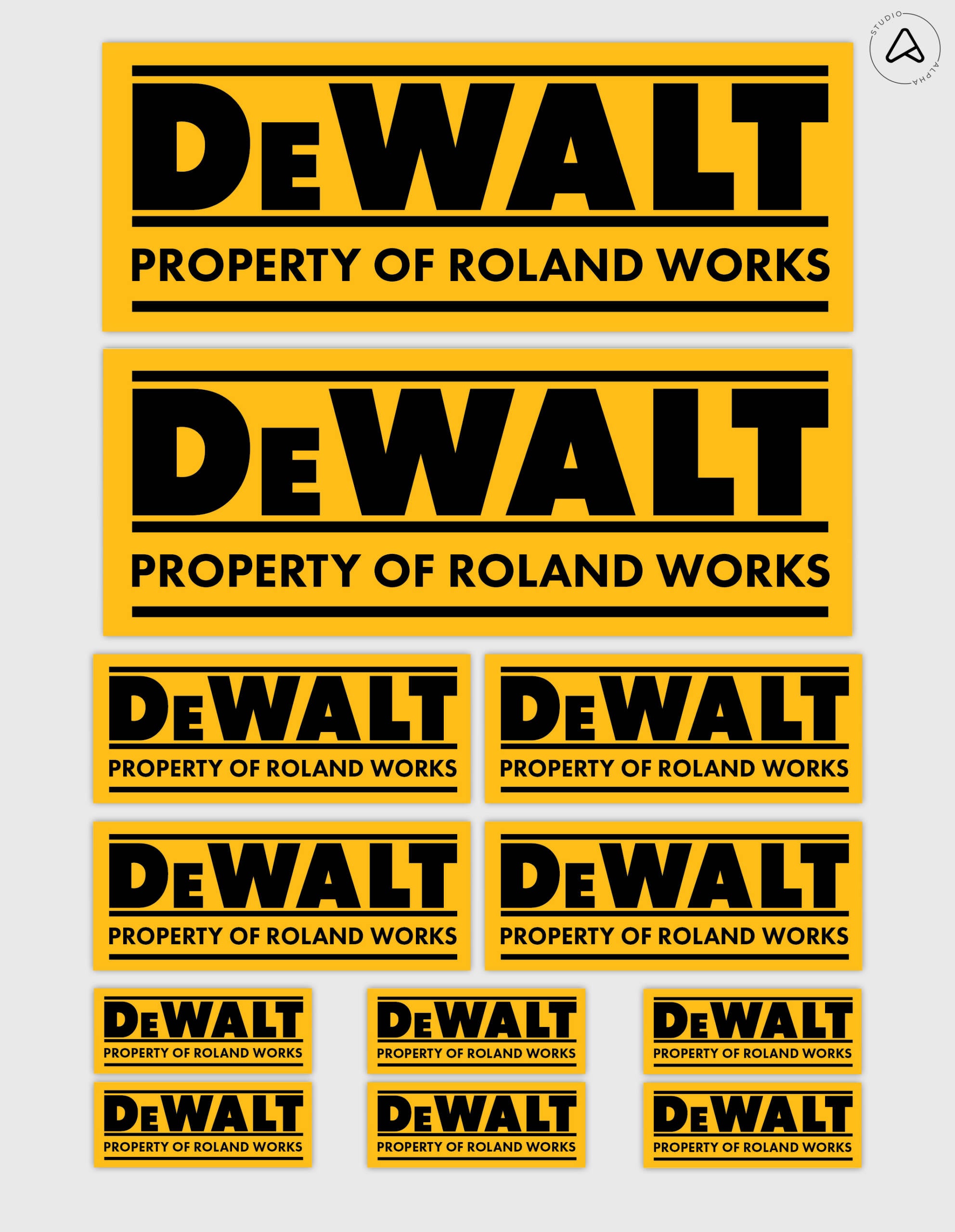 12x Gepersonaliseerde "Property Of" DeWalt Gereedschap Stickers | 3 Maten | Gelamineerd