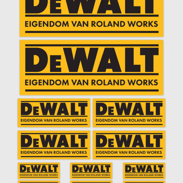 12x Gepersonaliseerde "Eigendom Van" DeWalt Stickers | 3 Maten | Gelamineerd