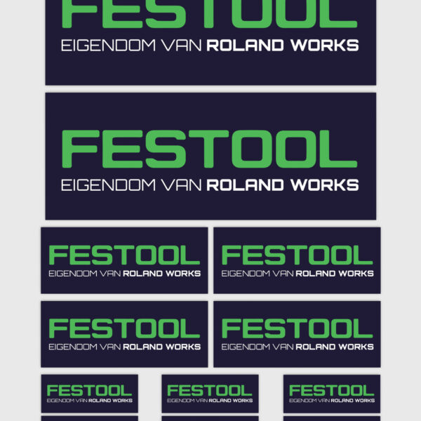12x Gepersonaliseerde "Eigendom Van" Festool Stickers | 3 Maten | Gelamineerd