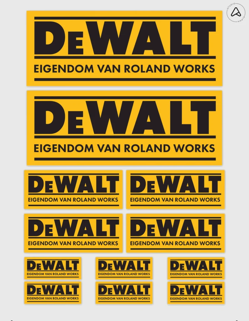 12x Gepersonaliseerde "Eigendom Van" DeWalt Gereedschap Stickers | 3 Maten | Gelamineerd