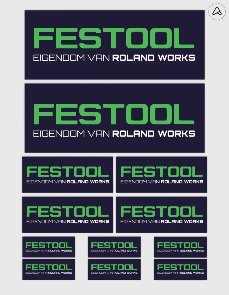 12x Gepersonaliseerde "Eigendom Van" Festool Gereedschap Stickers | 3 Maten | Gelamineerd