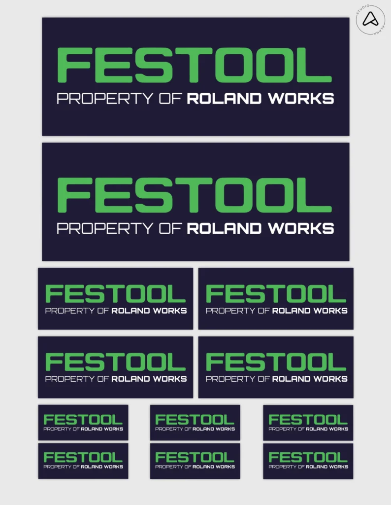 12x Gepersonaliseerde "Property Of" Festool Gereedschap Stickers | 3 Maten | Gelamineerd