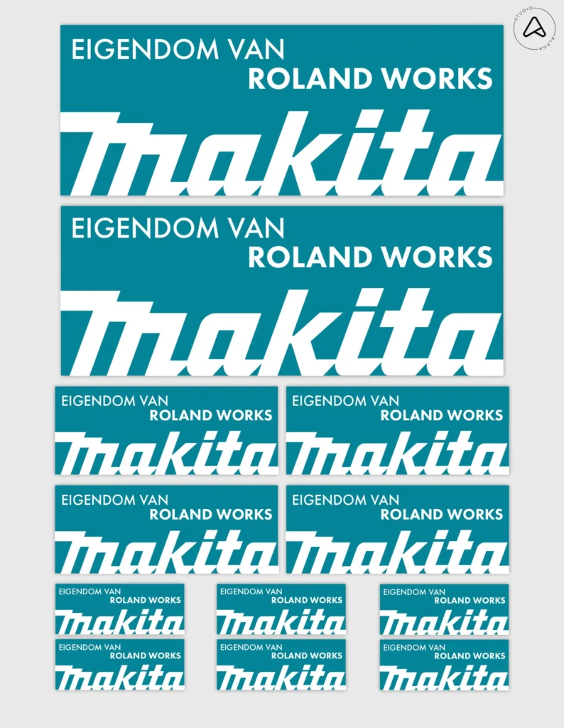 12x Gepersonaliseerde "Eigendom Van" Makita Gereedschap Stickers | 3 Maten | Gelamineerd