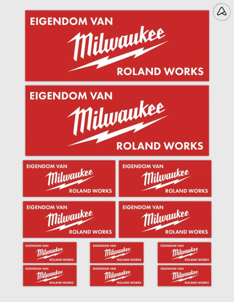 12x Gepersonaliseerde "Eigendom van" Milwaukee Gereedschap Stickers | 3 Maten | Gelamineerd