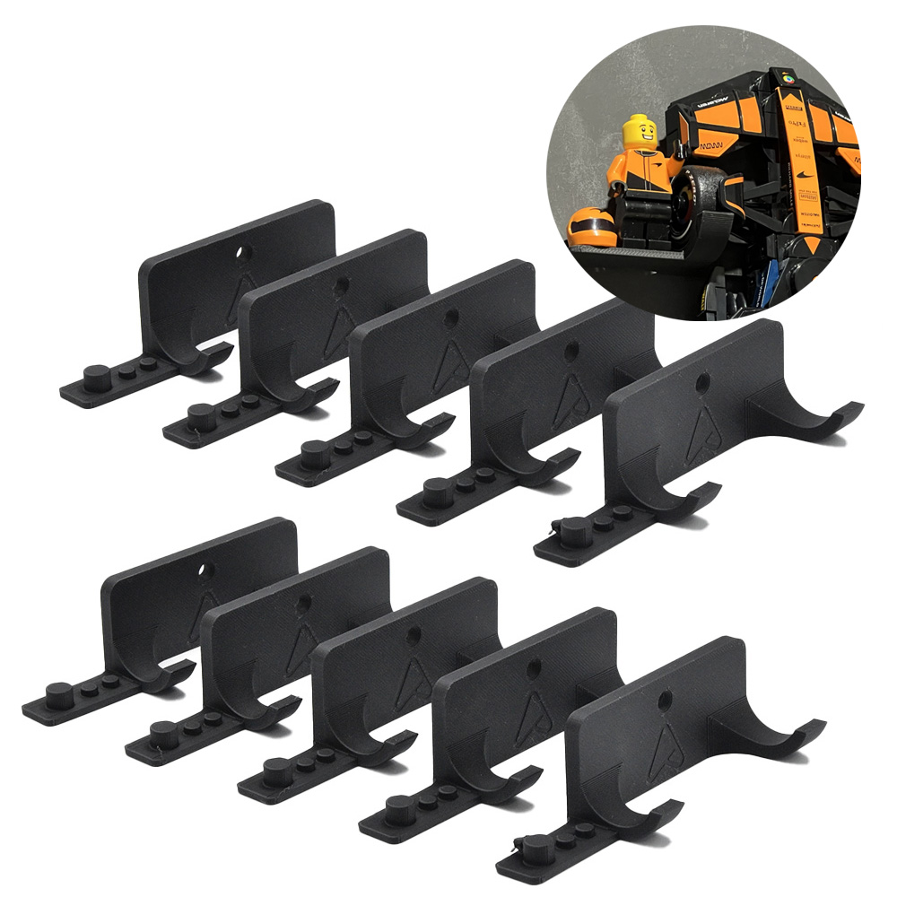 Set 10x Muurbeugel voor LEGO® F1 Speed Champions Auto's met plek voor Minifigure en Helm | Wandmontage voor F1 Auto's | Display Houder Standaard