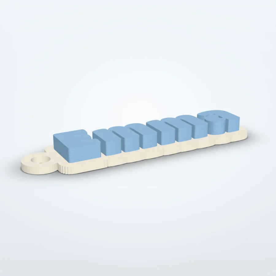 Sleutelhanger met naam op een plaatje, eigen lettertype en kleur