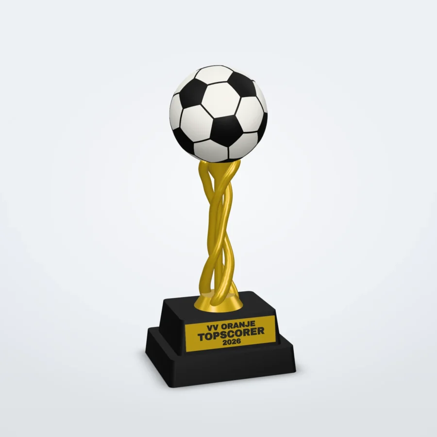 Voetbaltrofee met clubnaam en eigen tekst – spiraalsteel, 3 maten
