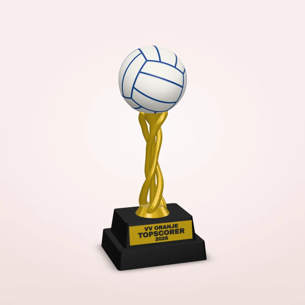 Volleybaltrofee met clubnaam en eigen tekst – spiraalsteel