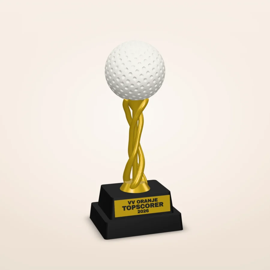 Golftrofee met clubnaam en eigen tekst – spiraalsteel, 3 maten