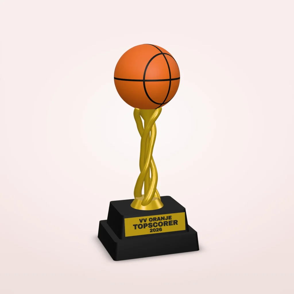 Basketbaltrofee met clubnaam en eigen tekst – spiraalsteel
