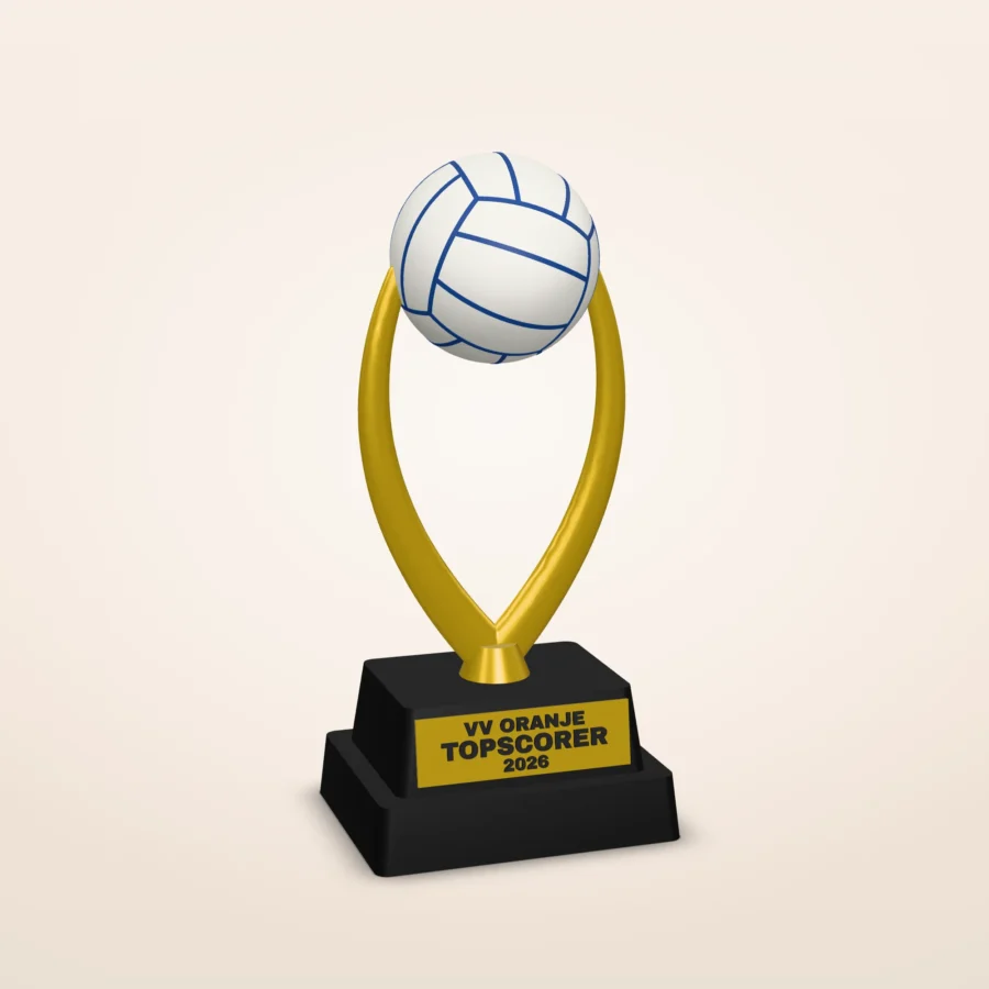 Volleybaltrofee met clubnaam en eigen tekst – V-armen, 3 maten