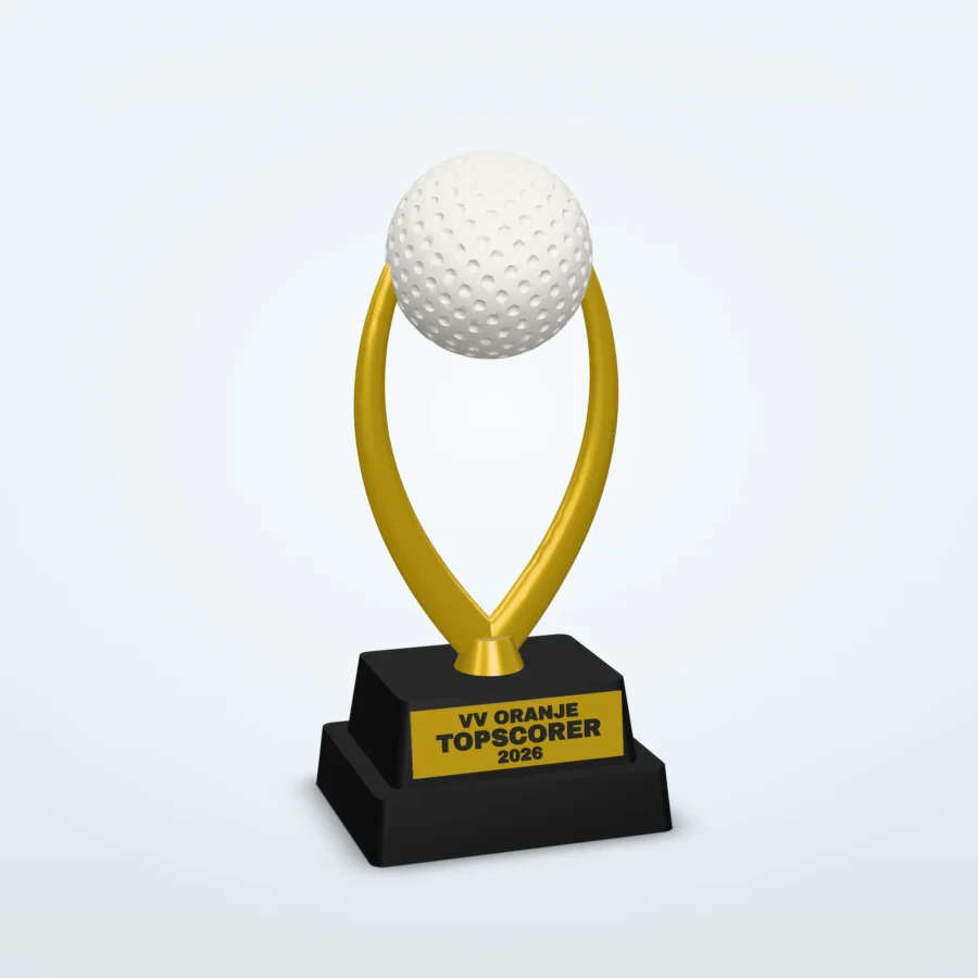 Golftrofee met clubnaam en eigen tekst – V-armen, 3 maten