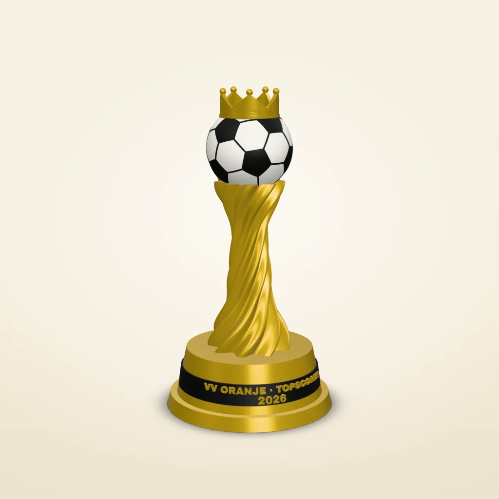 Voetbaltrofee met clubnaam en eigen tekst – kroon, 3 maten