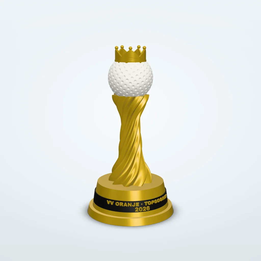 Golftrofee met clubnaam en eigen tekst – kroon, 3 maten