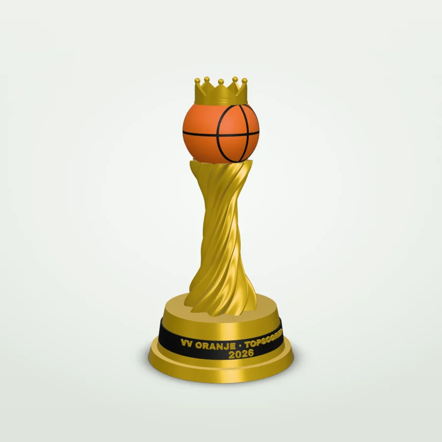 Basketbaltrofee met clubnaam en eigen tekst – kroon, 3 maten